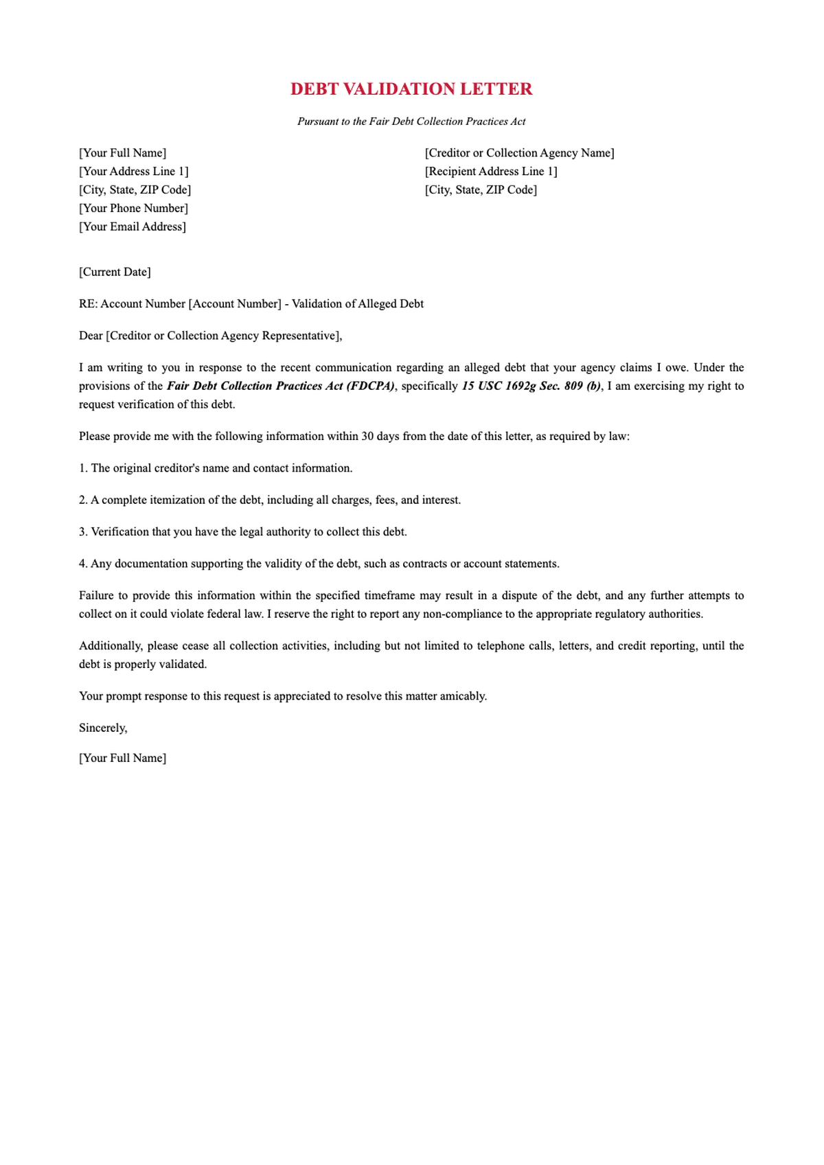 Sample debt validation letter under FDCPA with certified mail instructions_variant_3